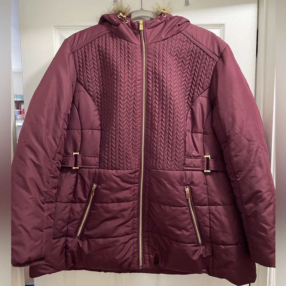 INTL D.E.T.A.I.L.S Burgundy Faux Fur Trim Puffer Coat Size 2X
